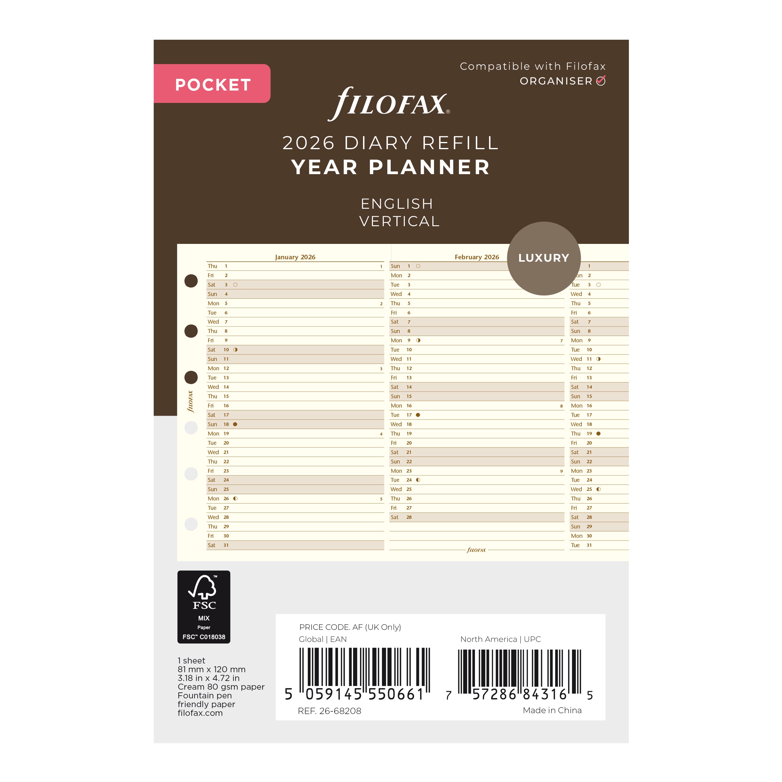 Filofax Pocket Vertical Year Planner Cotton Cream 2026