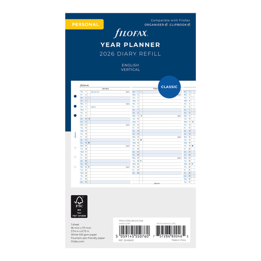 Filofax Personal Vertical Year Planner 2026