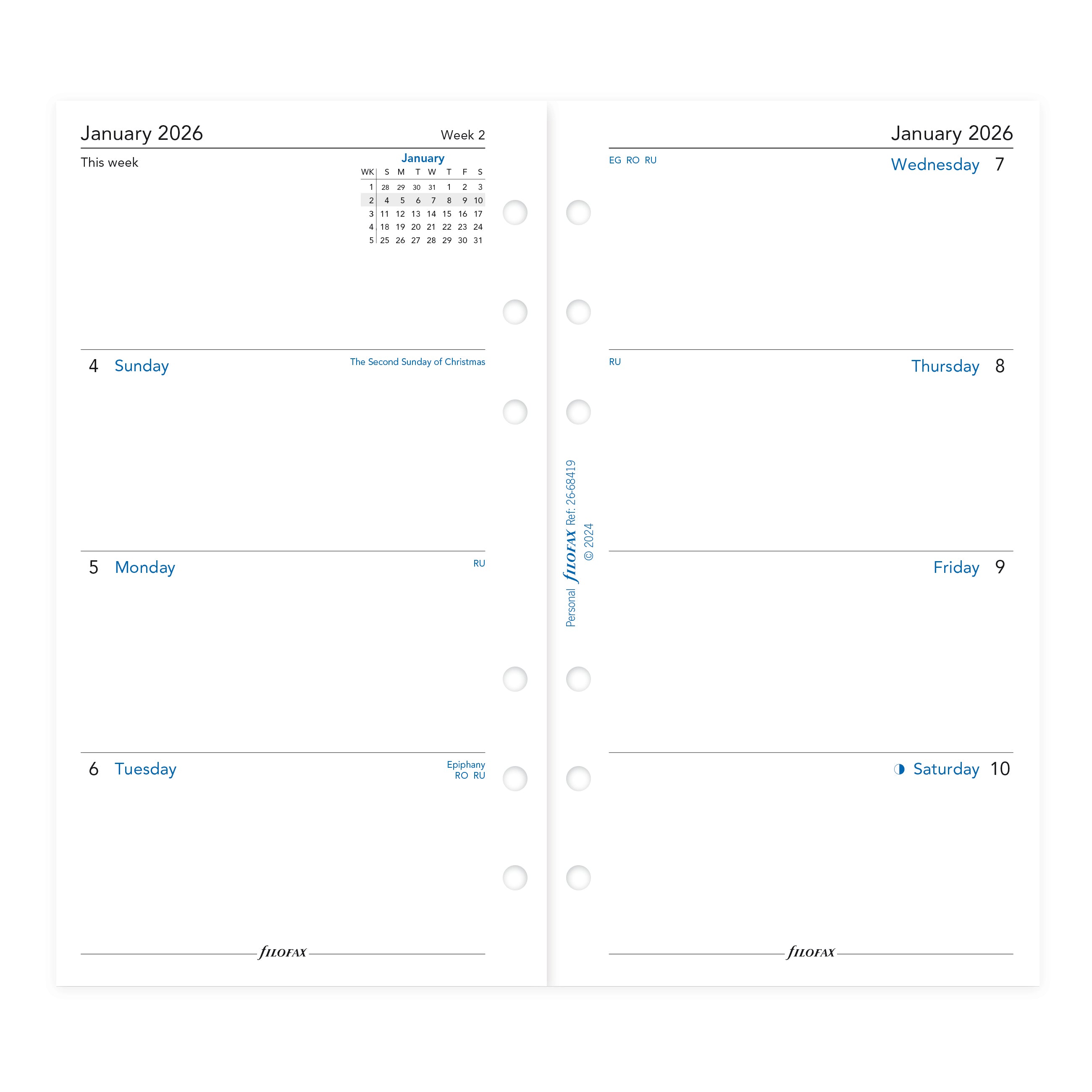 Filofax Personal Week on Two Pages Sunday Start 2026