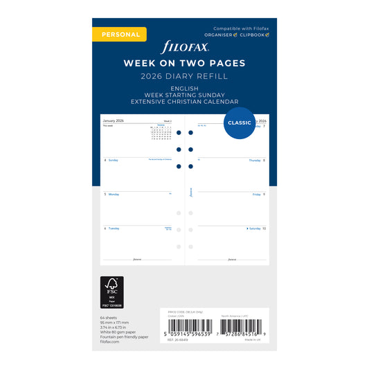 Filofax Personal Week on Two Pages Sunday Start 2026