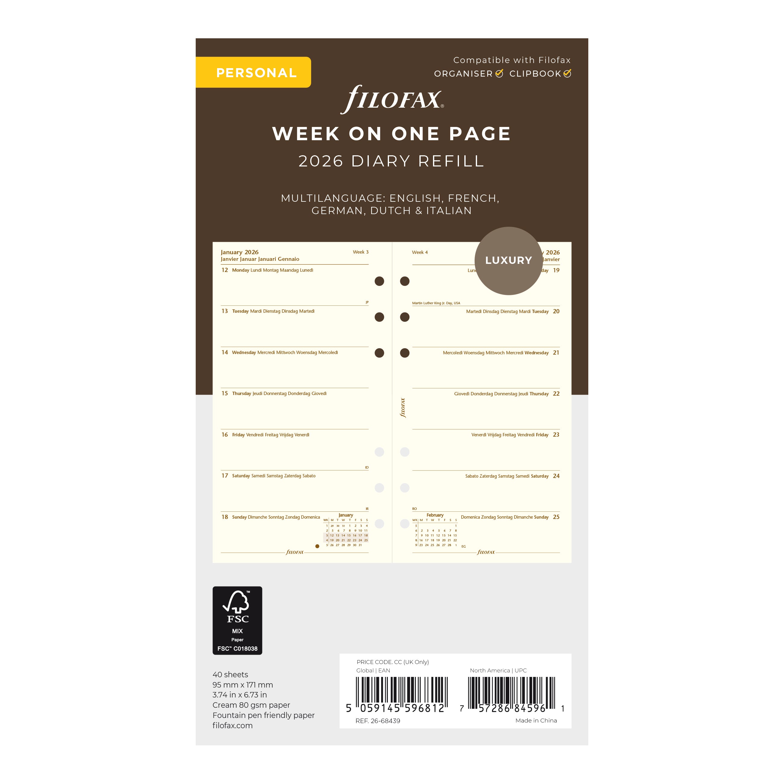 Filofax Personal Week on One Page Cotton Cream 2026