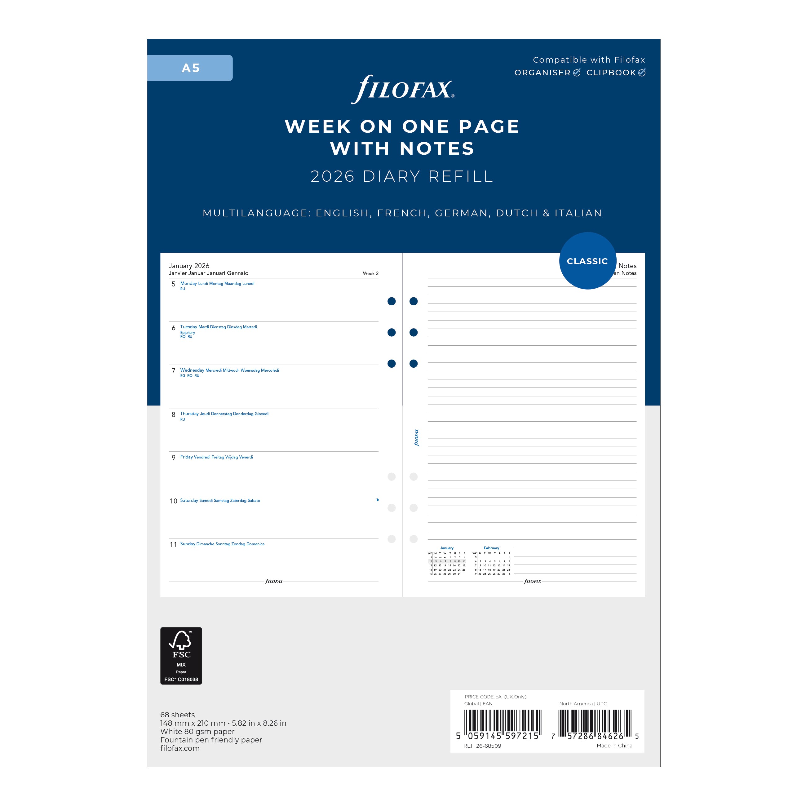Filofax A5 Week on One Page with Notes 2026