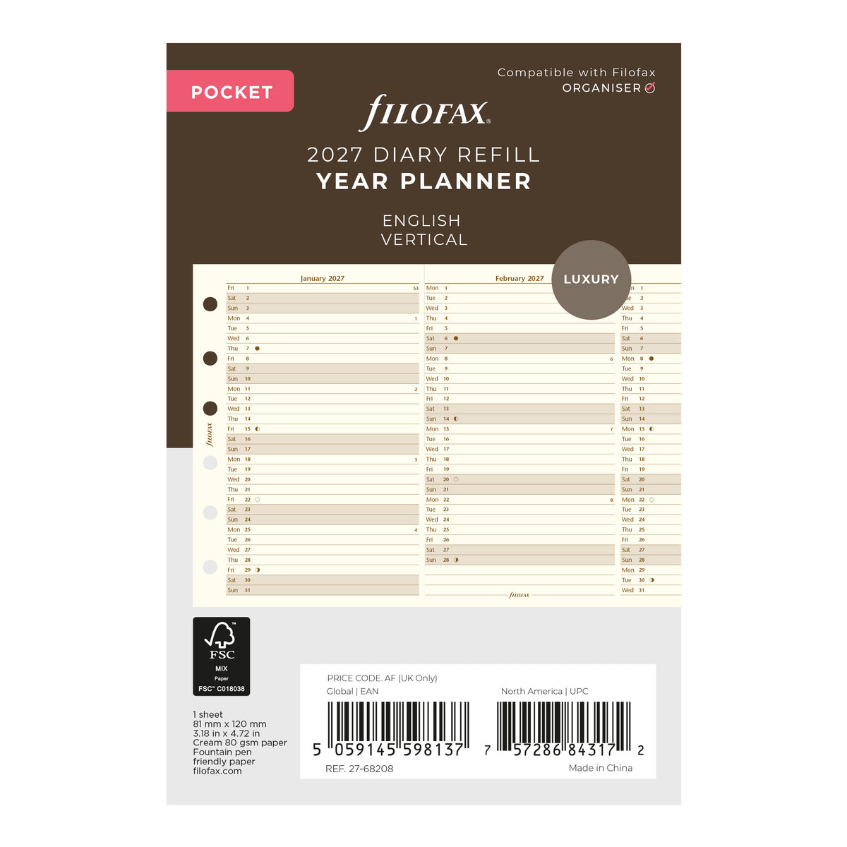 Filofax Pocket Vertical Year Planner Cotton Cream 2027