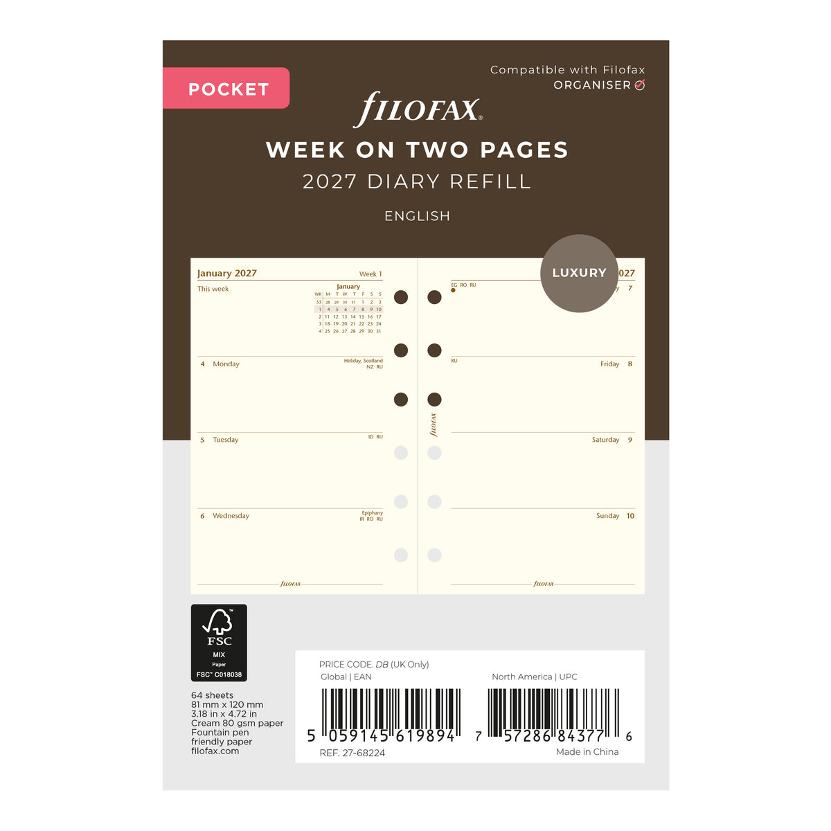 Filofax Pocket Week on Two Pages Cotton Cream 2027