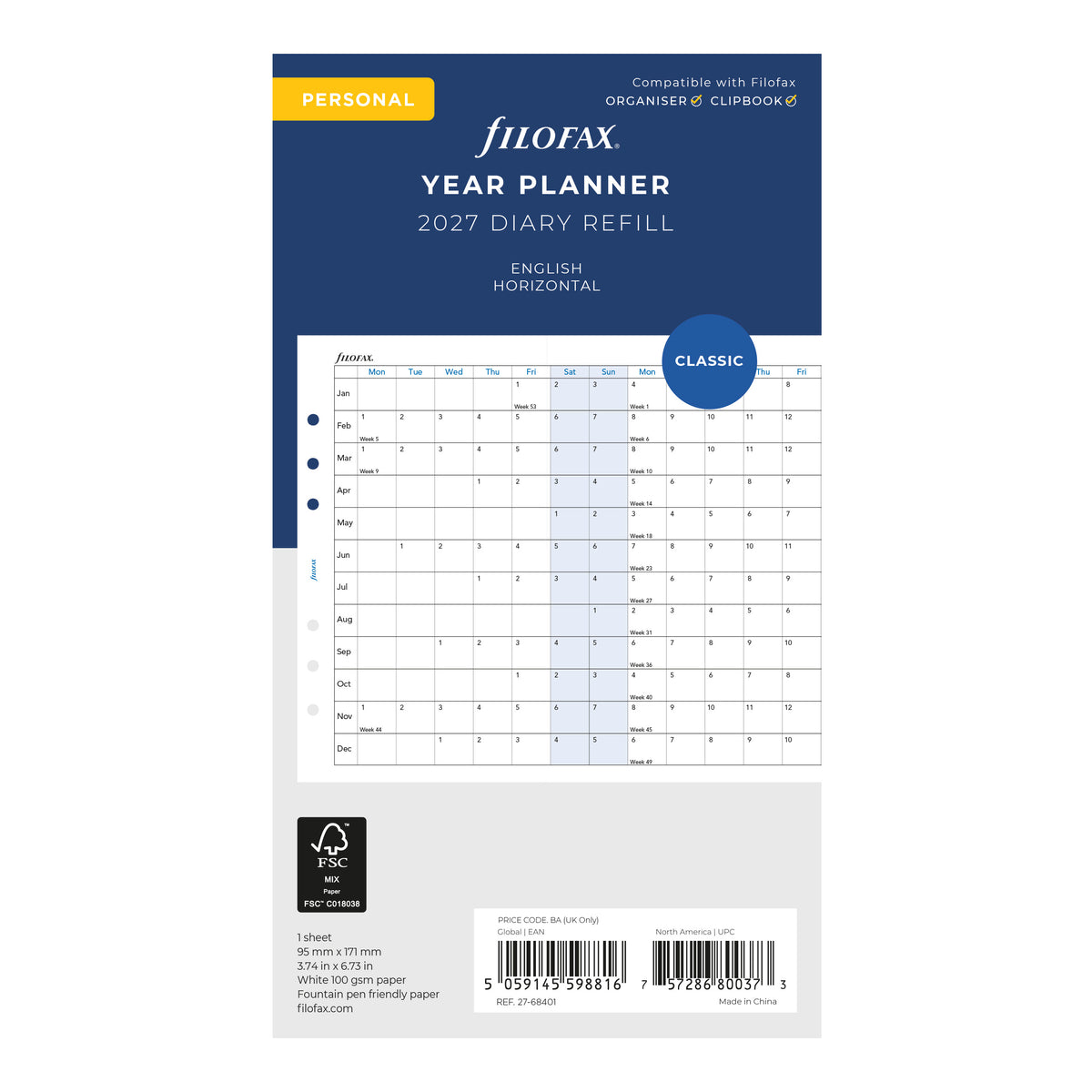 Filofax Personal Horizontal Year Planner 2027