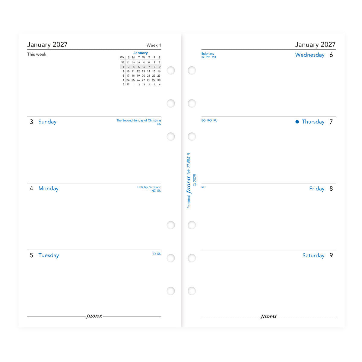 Filofax Personal Week on Two Pages Sunday Start 2027