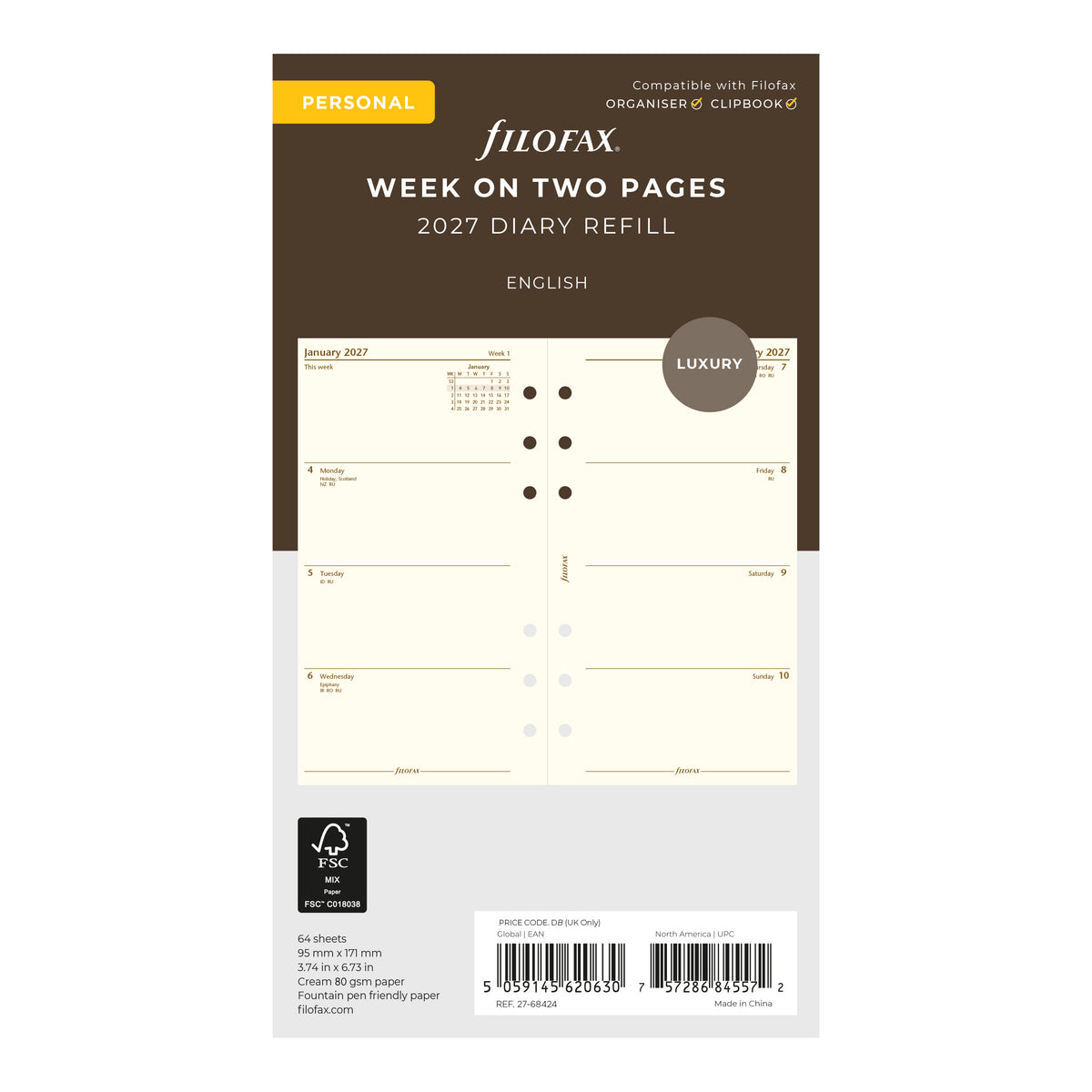 Filofax Personal Week on Two Pages Cotton Cream 2027