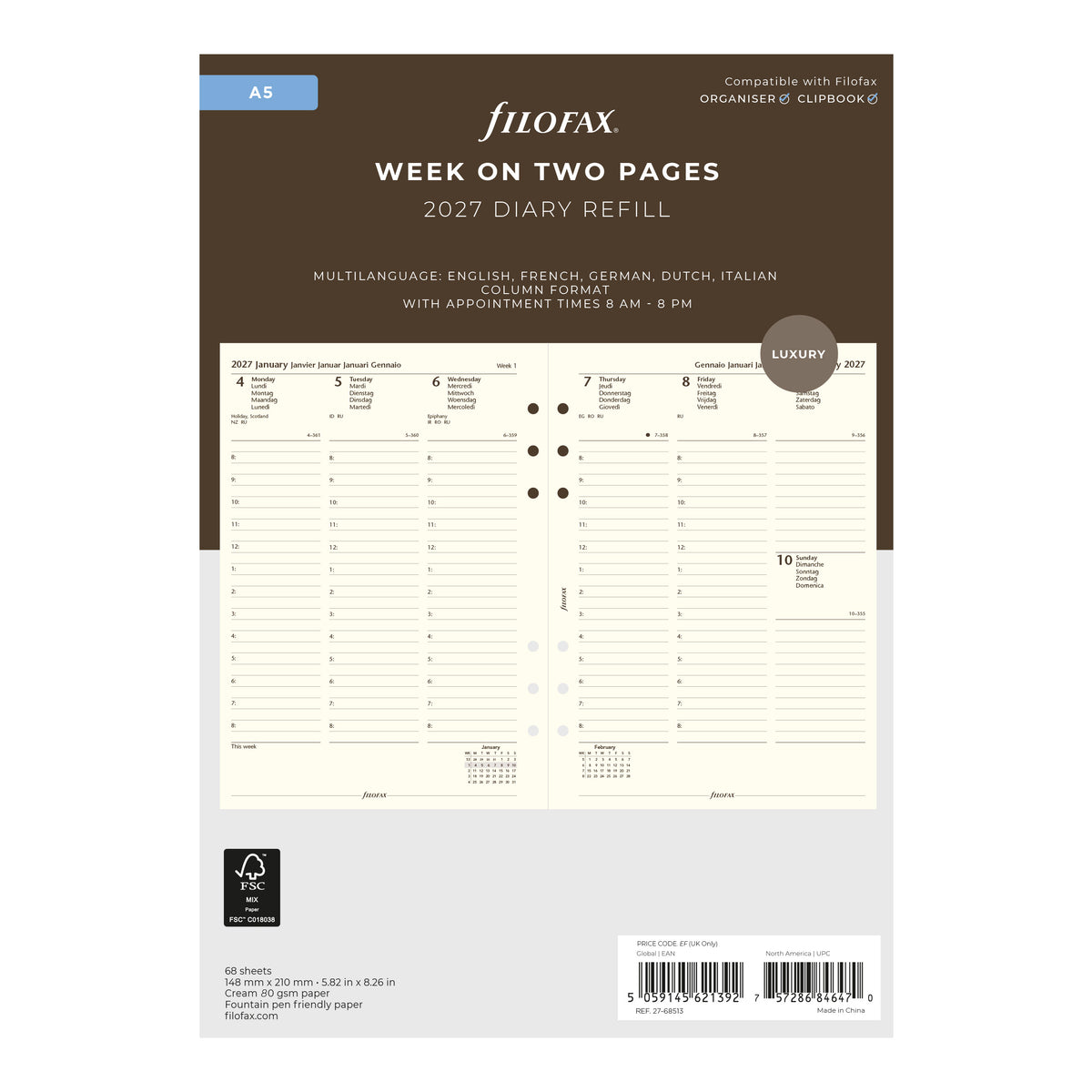Filofax A5 Week on Two Pages Cotton Cream 2027