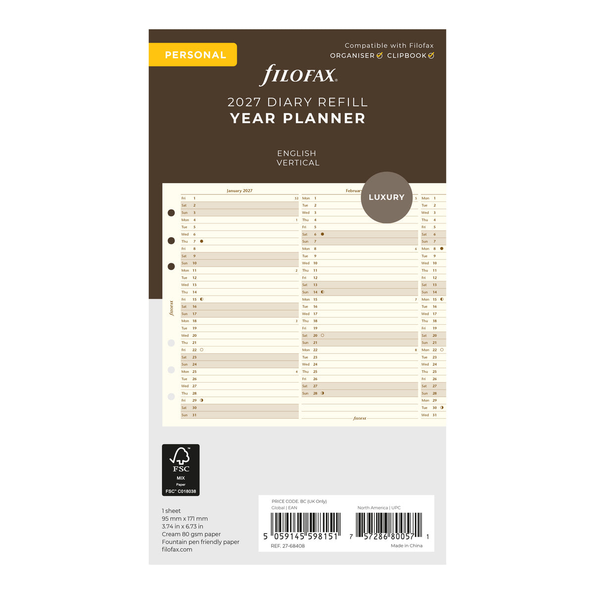 Filofax Personal Vertical Year Planner Cotton Cream 2027