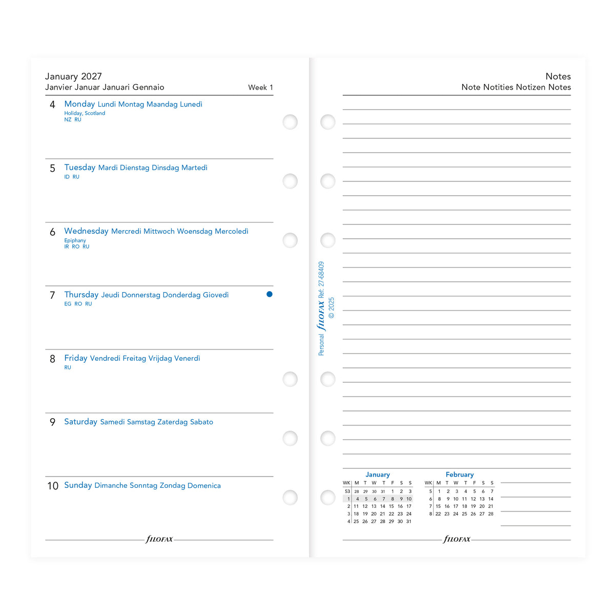 Filofax Personal Week on One Page with Notes 2027