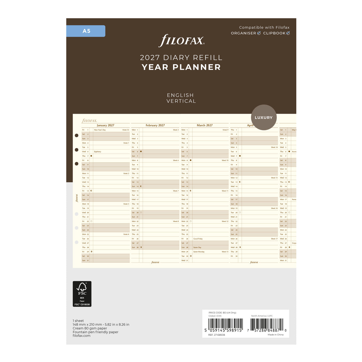 Filofax A5 Vertical Year Planner Cotton Cream 2027