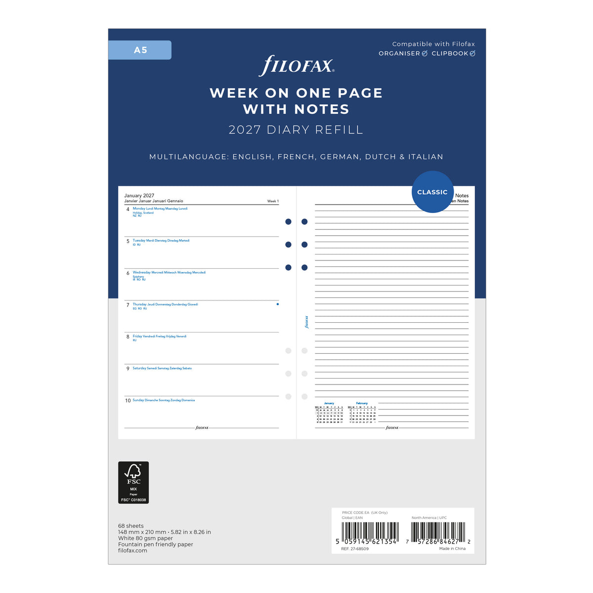 Filofax A5 Week on One Page with Notes 2027