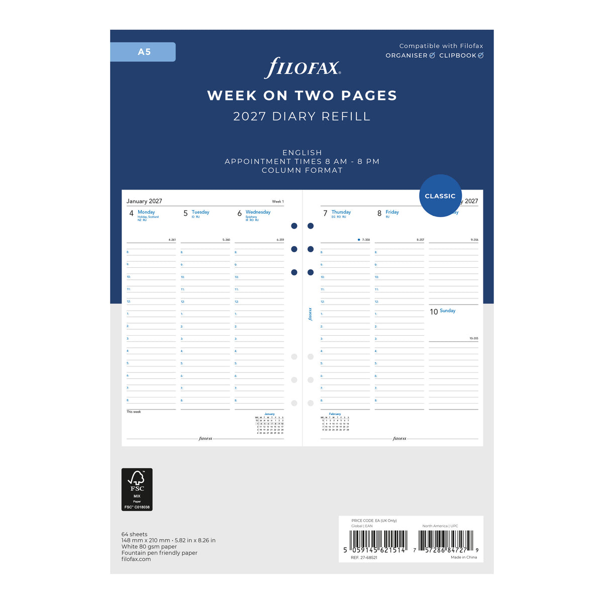 Filofax A5 Week on Two Pages with Appointment Times 2027