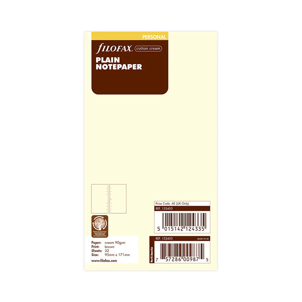 Filofax Personal Cotton Cream Plain Notepaper (30)