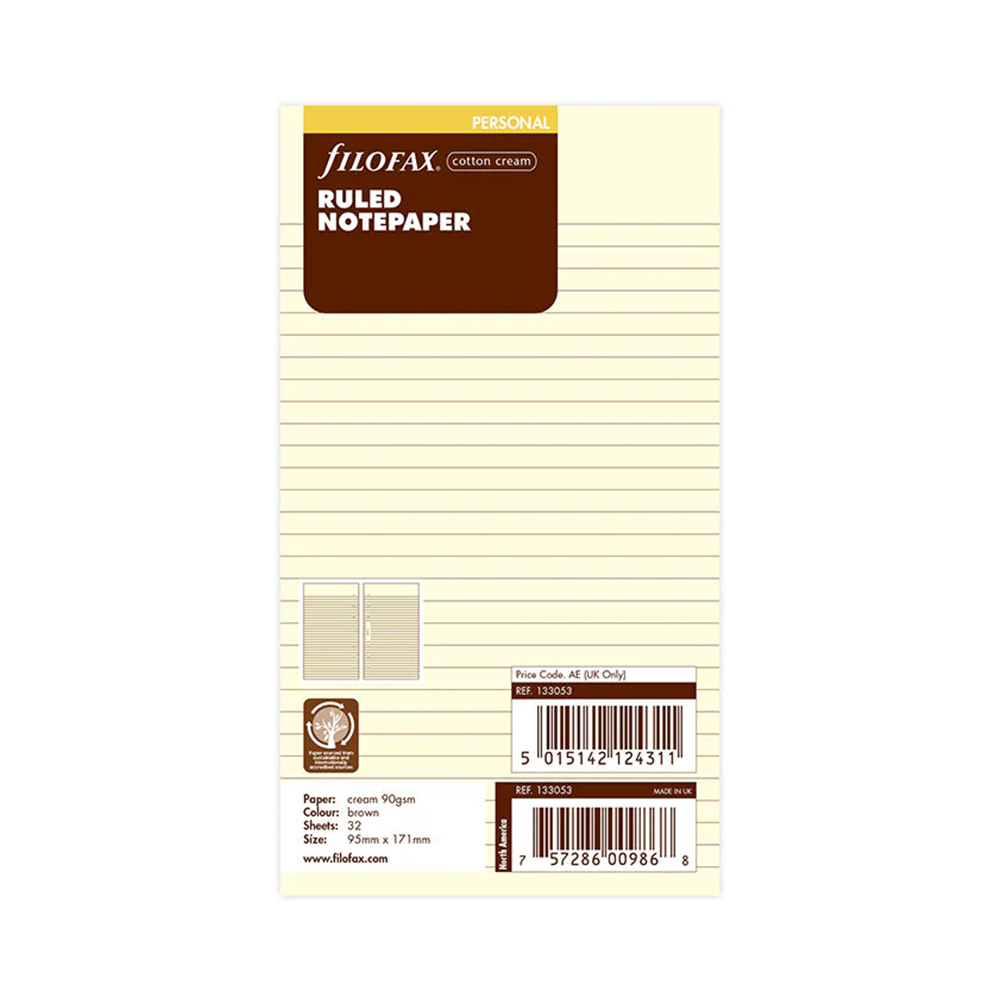 Filofax Personal Cotton Cream Ruled Notepaper (30)