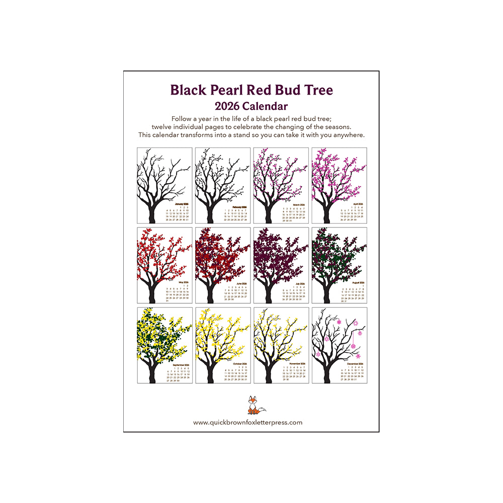 Quick Brown Fox Letterpress Black Pearl Red Bud Tree Calendar 2026