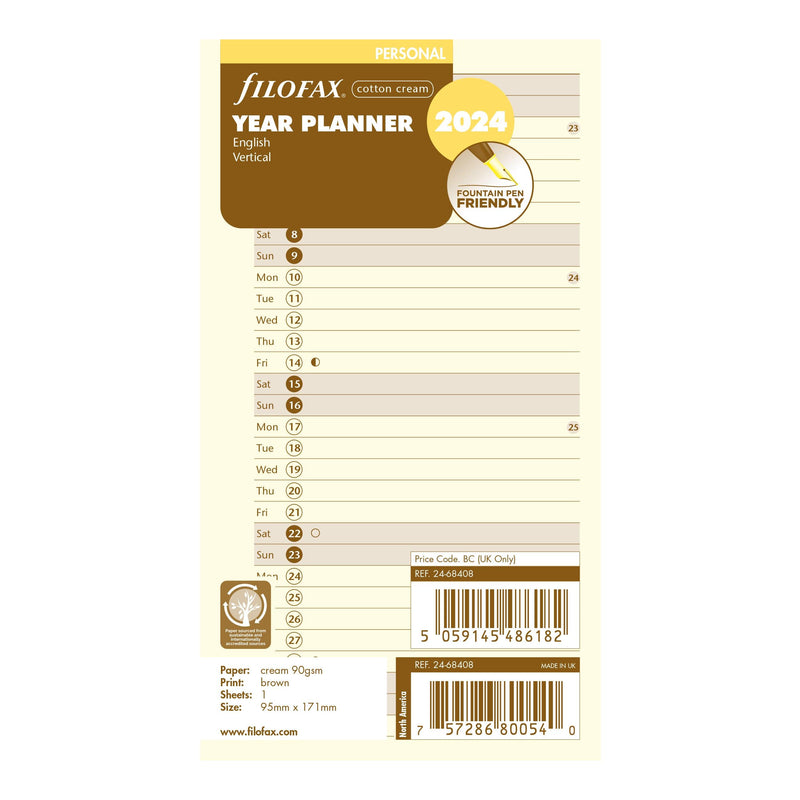 Filofax Personal Vertical Year Planner Cotton Cream 2024 - Laywine's