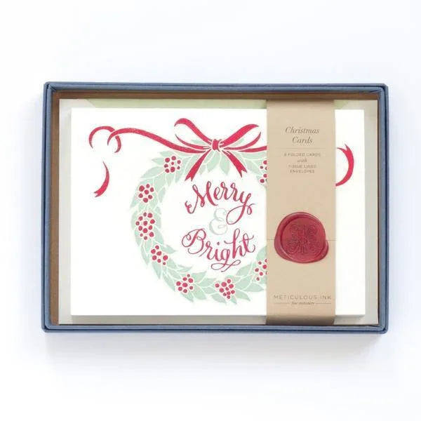 Meticulous Ink Merry & Bright Wreath Box of 6 Cards - Laywine's